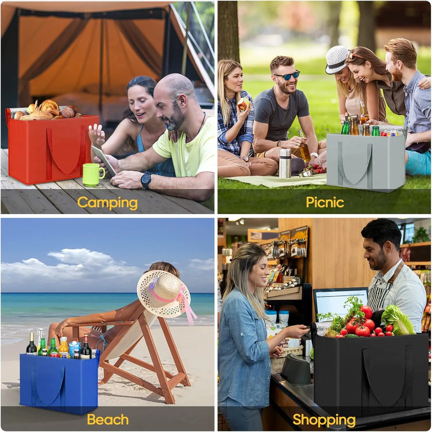 BALEINE 2Pk Insulated Reusable Grocery Bags, Collapsible Cooler Bag for Groceries, Heavy Duty Large Insulated Bag (Large, Charcoal Black)