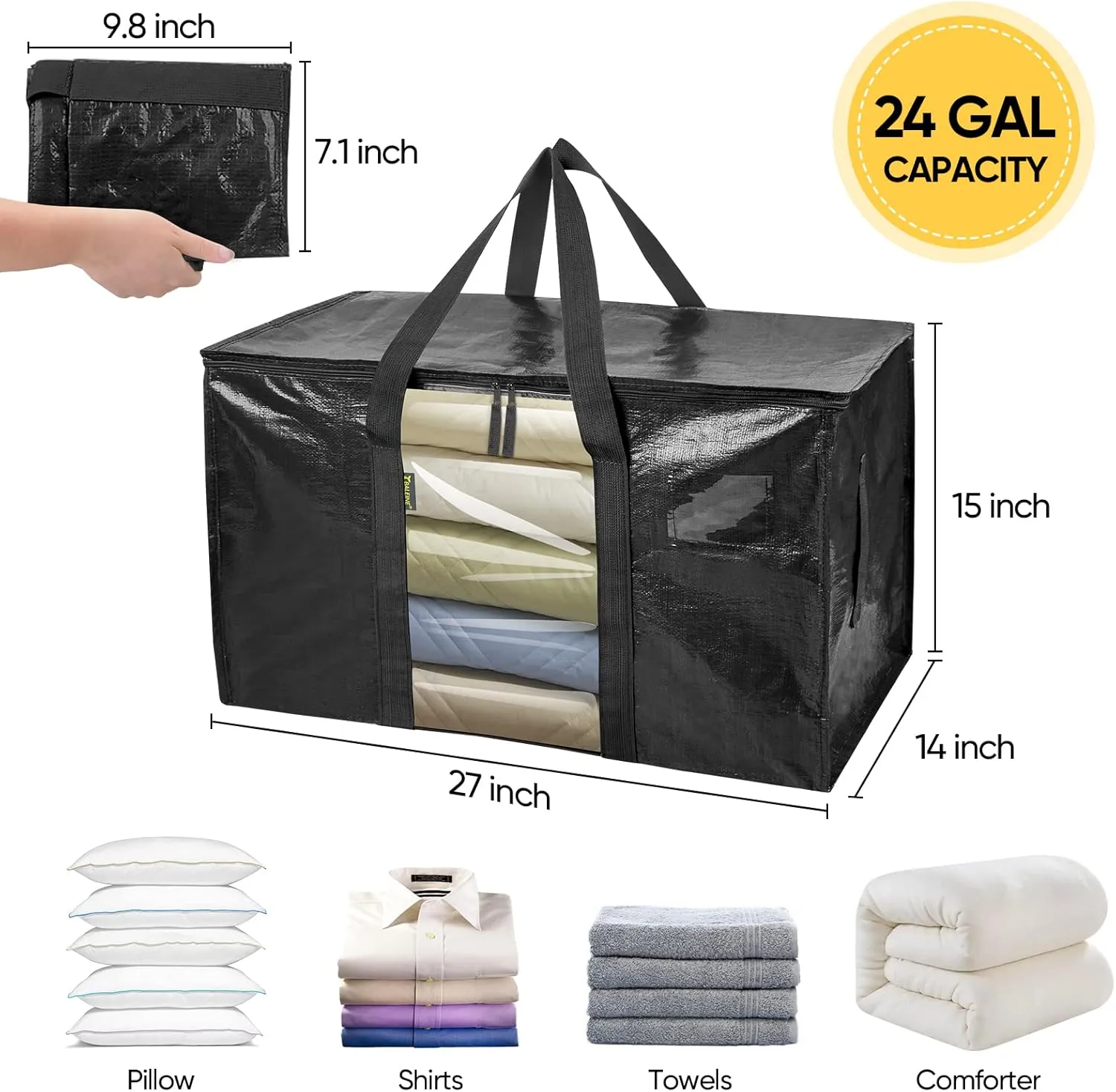 BALEINE 6-Pack Oversized Moving Bags with Reinforced Handles, Heavy-Duty Storage Tote Moving Supplies for Packaging, Camping (Black w/Window, 6-Pack)