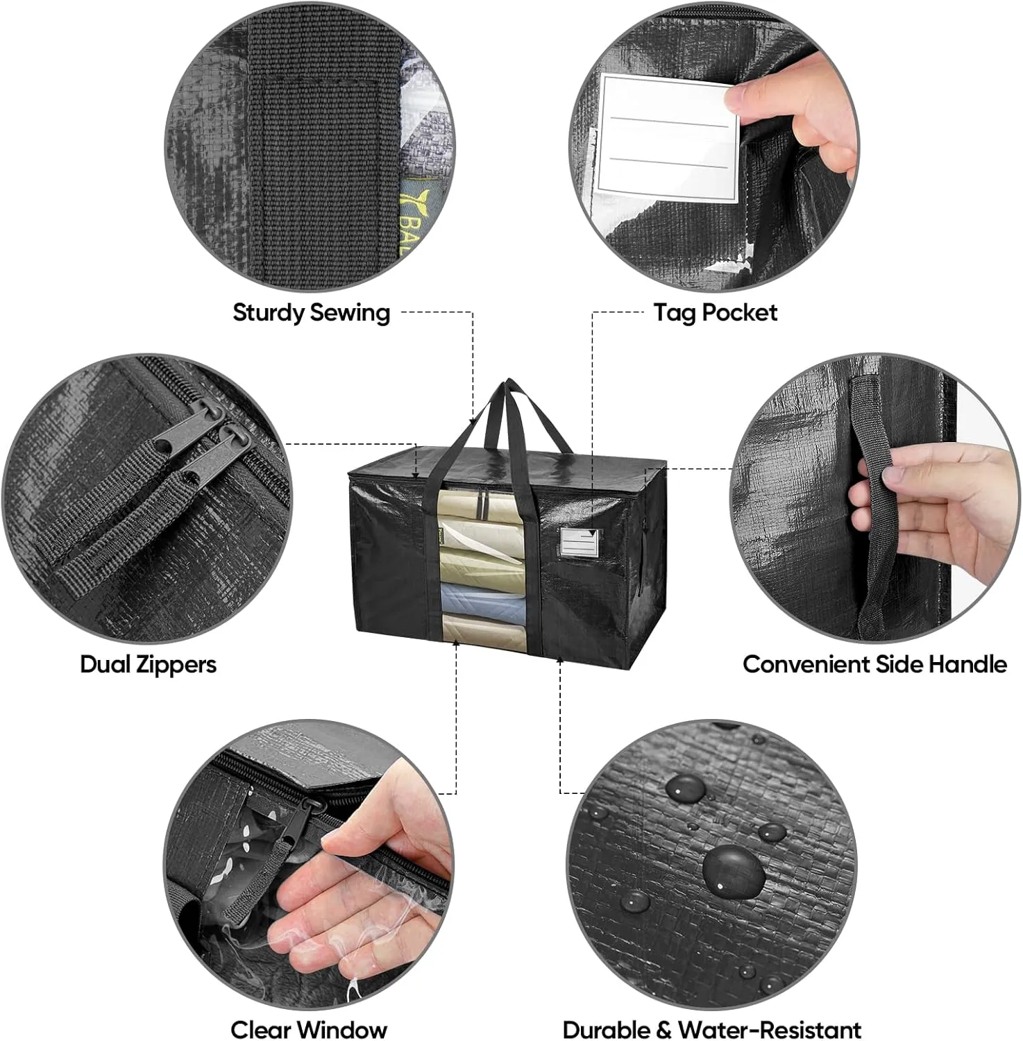 BALEINE 6-Pack Oversized Moving Bags with Reinforced Handles, Heavy-Duty Storage Tote Moving Supplies for Packaging, Camping (Black w/Window, 6-Pack)