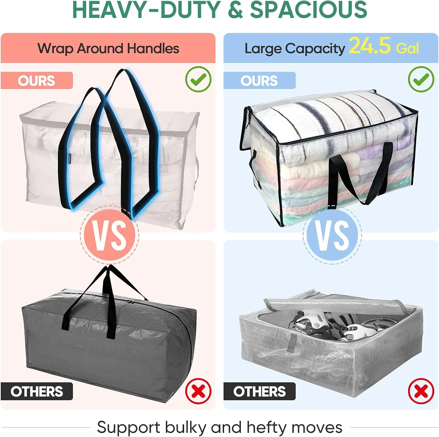 BALEINE 8-Pack Oversized Moving Bags with Reinforced Handles, Heavy-Duty Storage Tote for Clothes, Moving Supplies (Clear, 8-Pack)