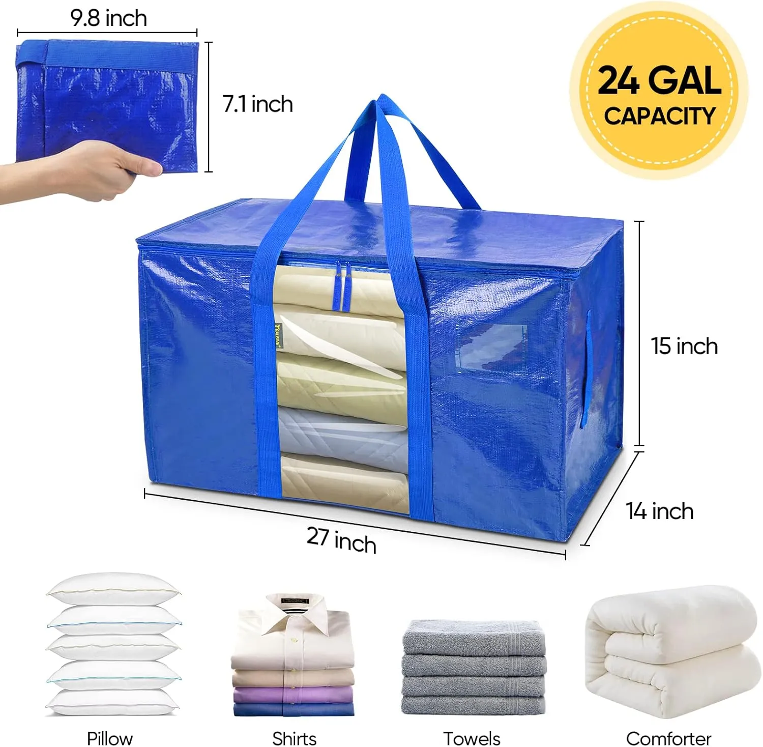 BALEINE 8-Pack Oversized Moving Bags with Reinforced Handles, Heavy-Duty Storage Tote Moving Supplies for Packaging, Camping (Blue w/Window, 8-Pack)