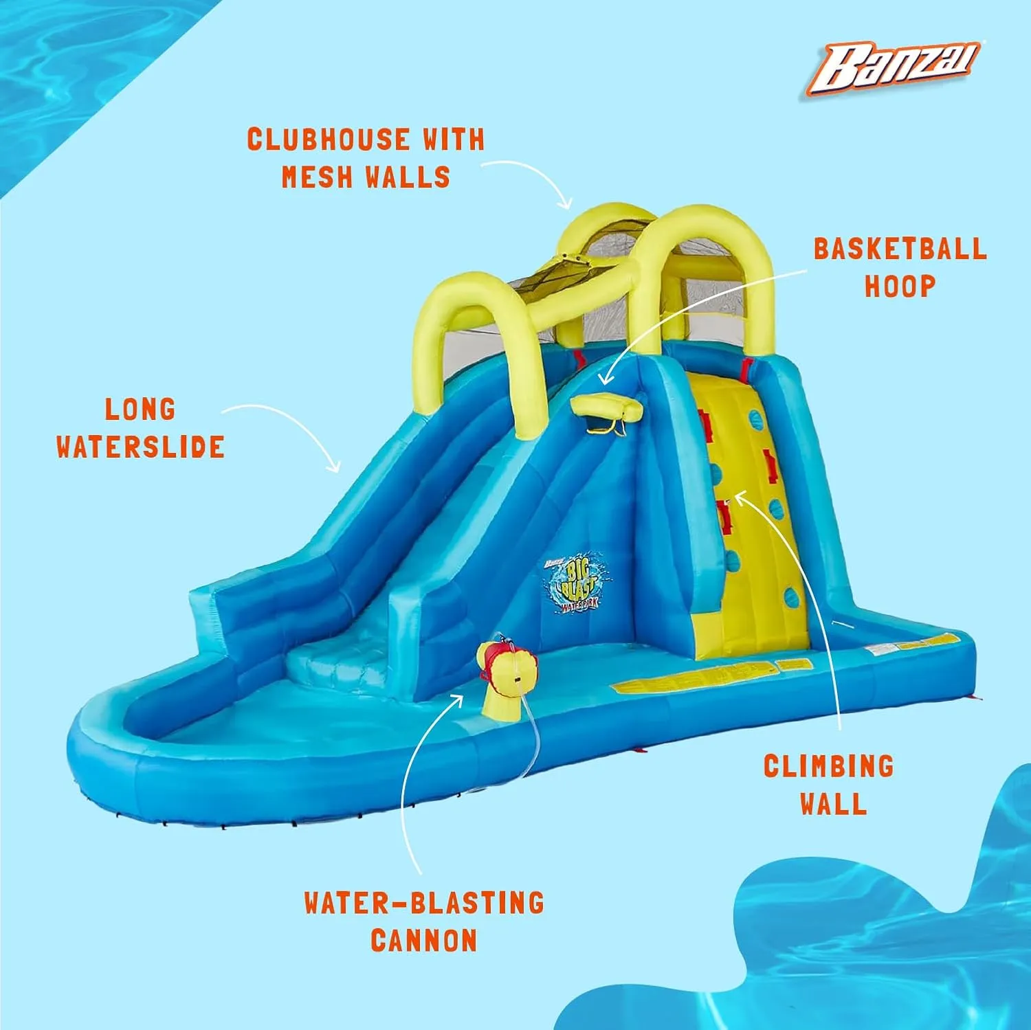 BANZAI Inflatable Pool Water Slide, Blow Up Backyard Splash House, Big Blast
