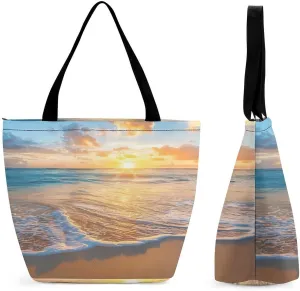 Beach Sea Sunrise Women's Reusable Shopping Bags Foldable Tote Bag Lightweight Handbag for Work Travel