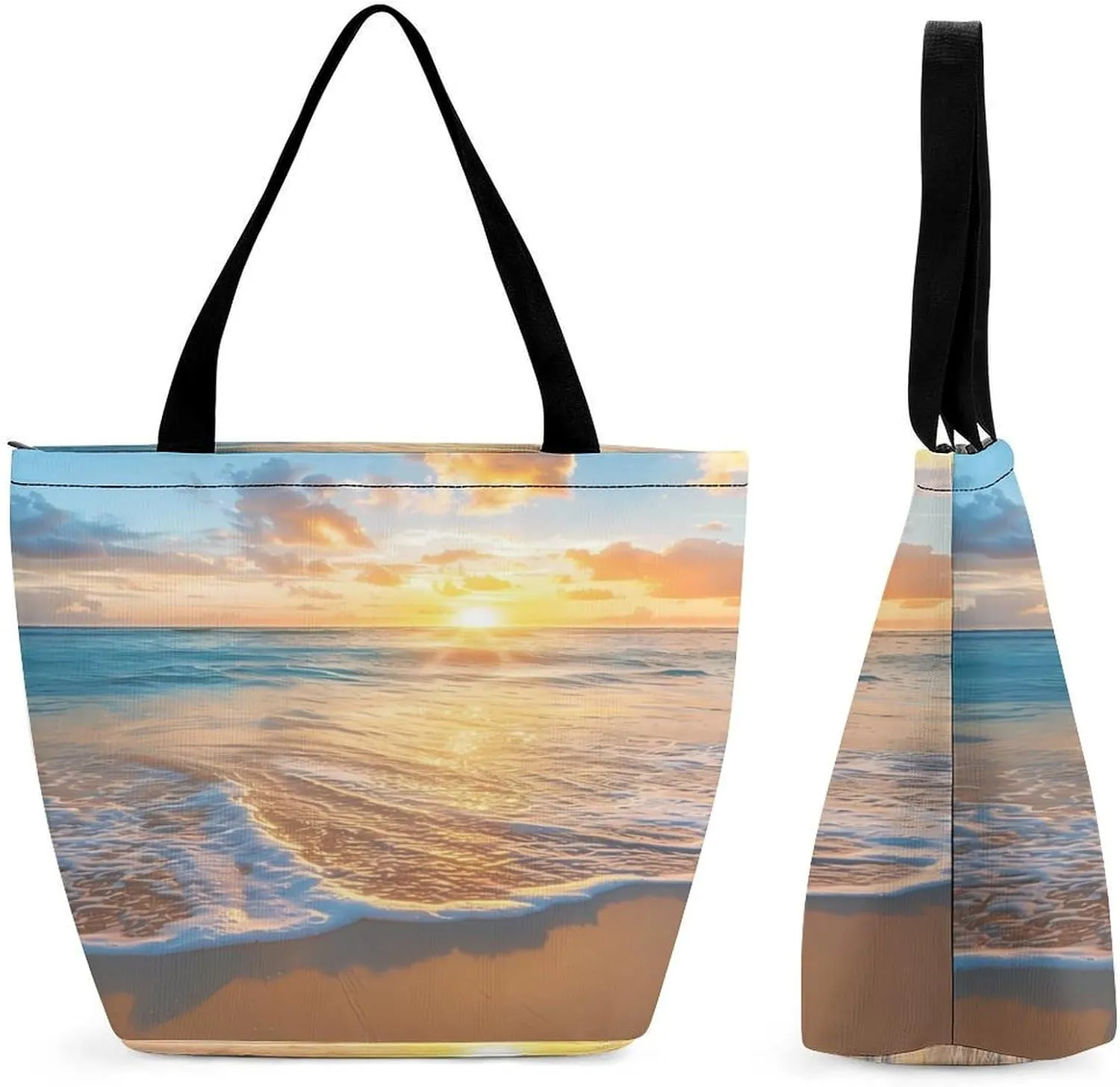 Beach Sea Sunrise Women's Reusable Shopping Bags Foldable Tote Bag Lightweight Handbag for Work Travel