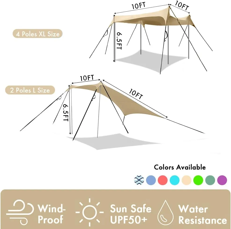 Beach Shade Windproof Design, Sun Shelter UPF50  Portable Family Tent with 6 Sandbags Anchors 10x10 FT 2 Pole Pop Up Outdoor Shelter for Beach, Camping, Fishing, Backyard and Picnics