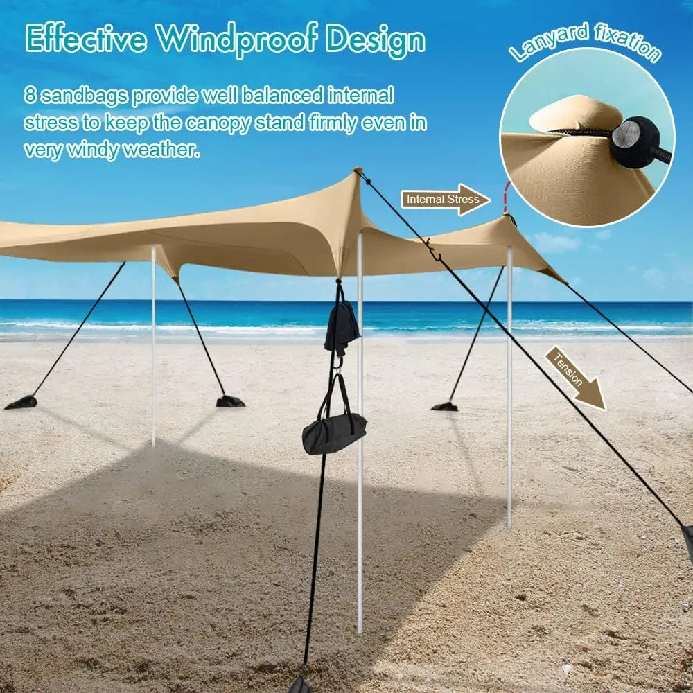 Beach Shade Windproof Design, Sun Shelter UPF50  Portable Family Tent with 6 Sandbags Anchors 10x10 FT 2 Pole Pop Up Outdoor Shelter for Beach, Camping, Fishing, Backyard and Picnics