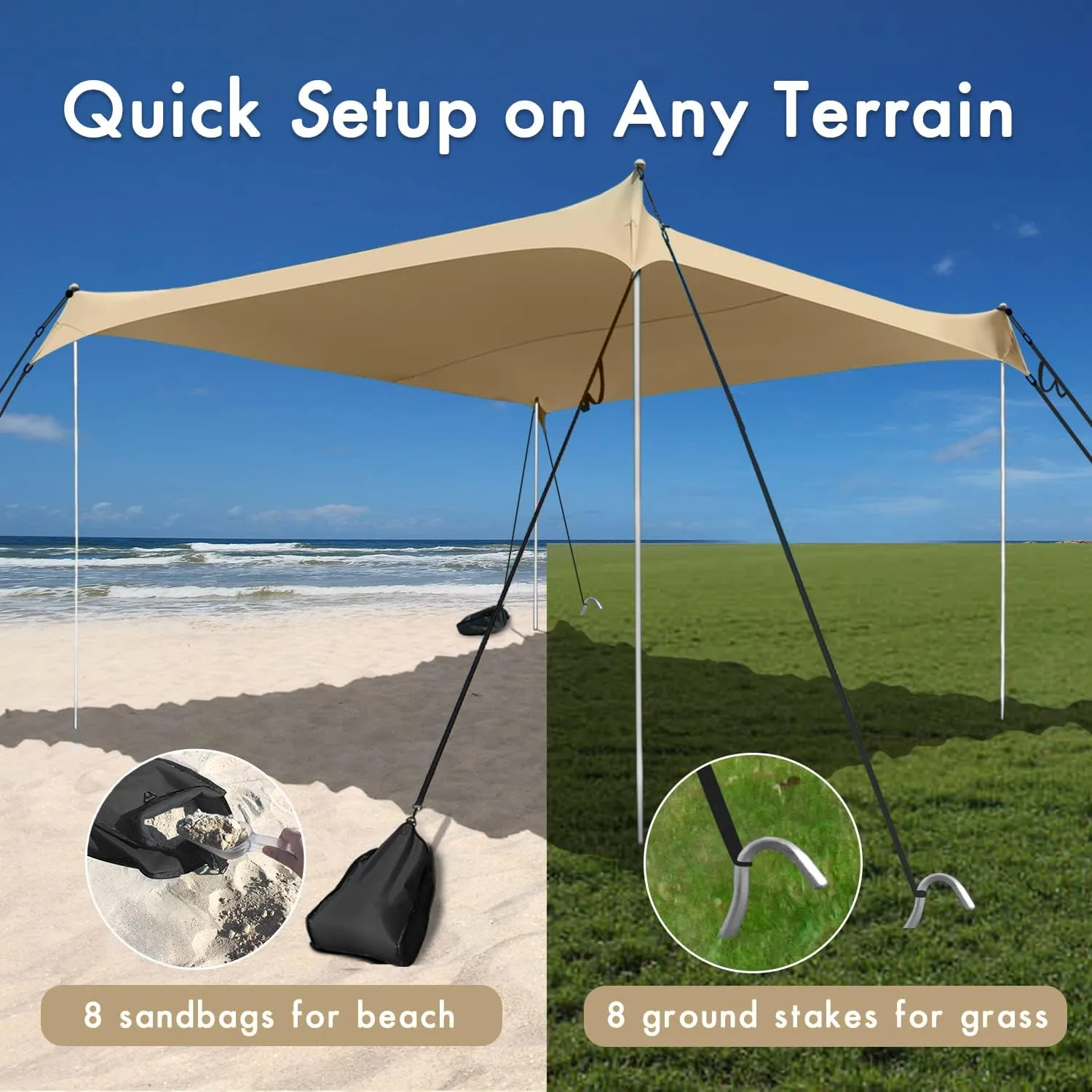 Beach Shade Windproof Design, Sun Shelter UPF50  Portable Family Tent with 6 Sandbags Anchors 10x10 FT 2 Pole Pop Up Outdoor Shelter for Beach, Camping, Fishing, Backyard and Picnics