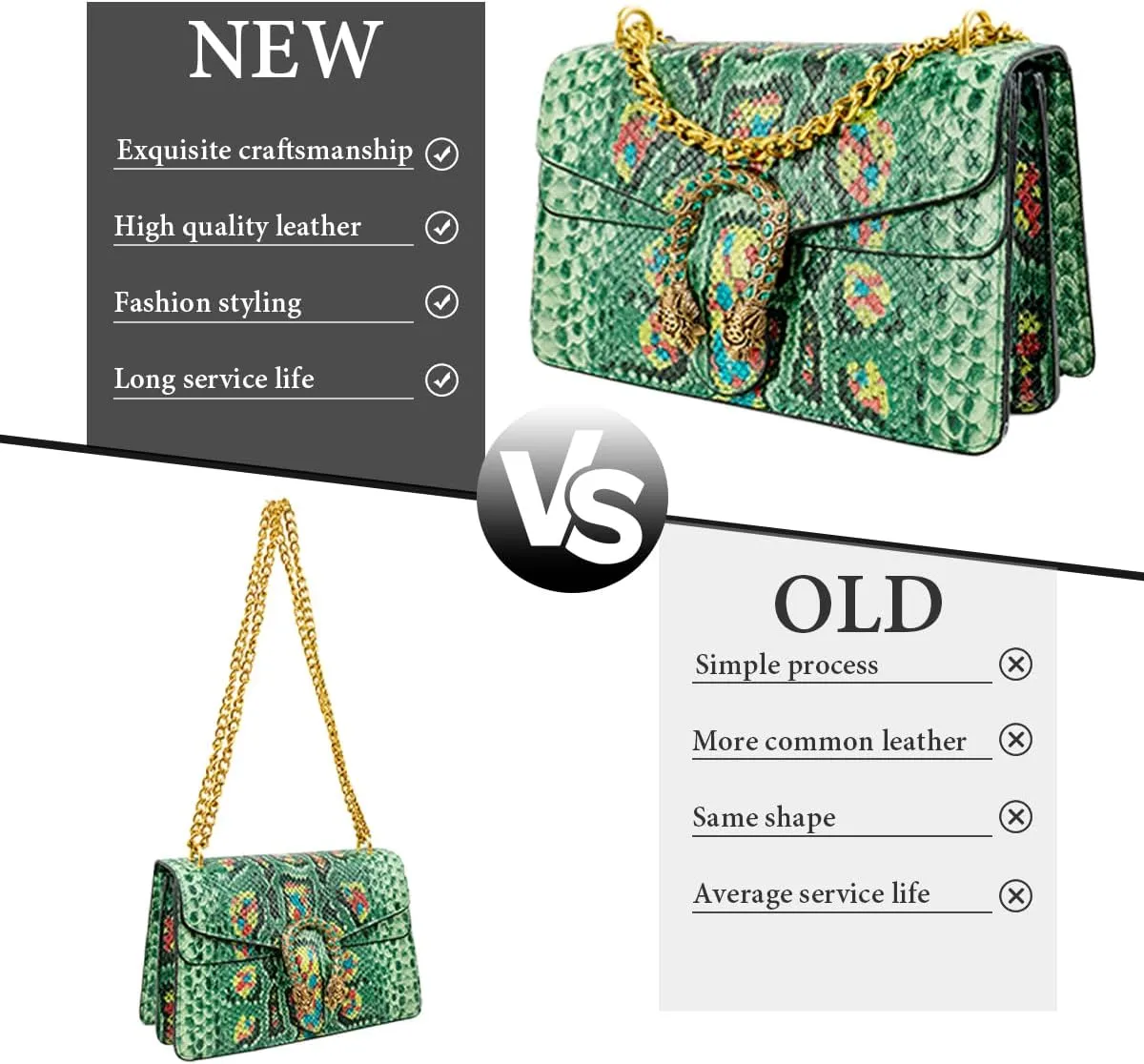 Bealin Women's Crossbody Shoulder Bag Retro Snake Print Square Satchel Handbag Chain Strap Clutch Leather Bag