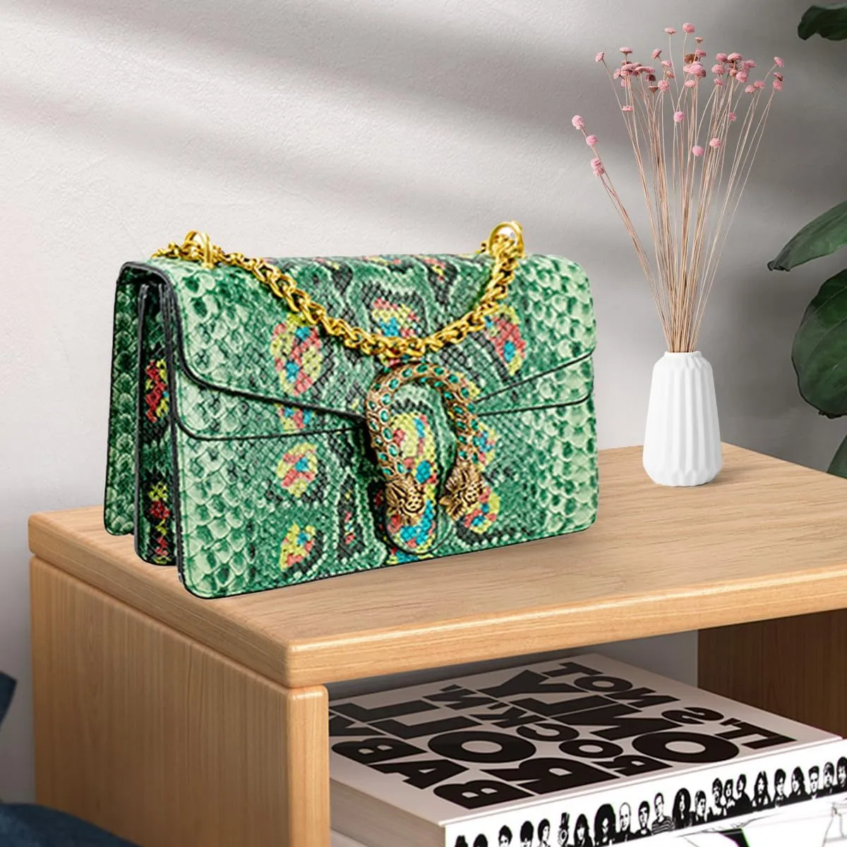Bealin Women's Crossbody Shoulder Bag Retro Snake Print Square Satchel Handbag Chain Strap Clutch Leather Bag