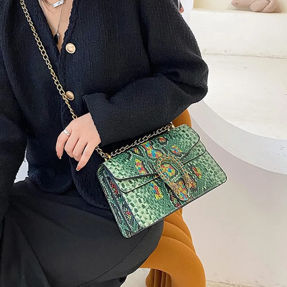Bealin Women's Crossbody Shoulder Bag Retro Snake Print Square Satchel Handbag Chain Strap Clutch Leather Bag