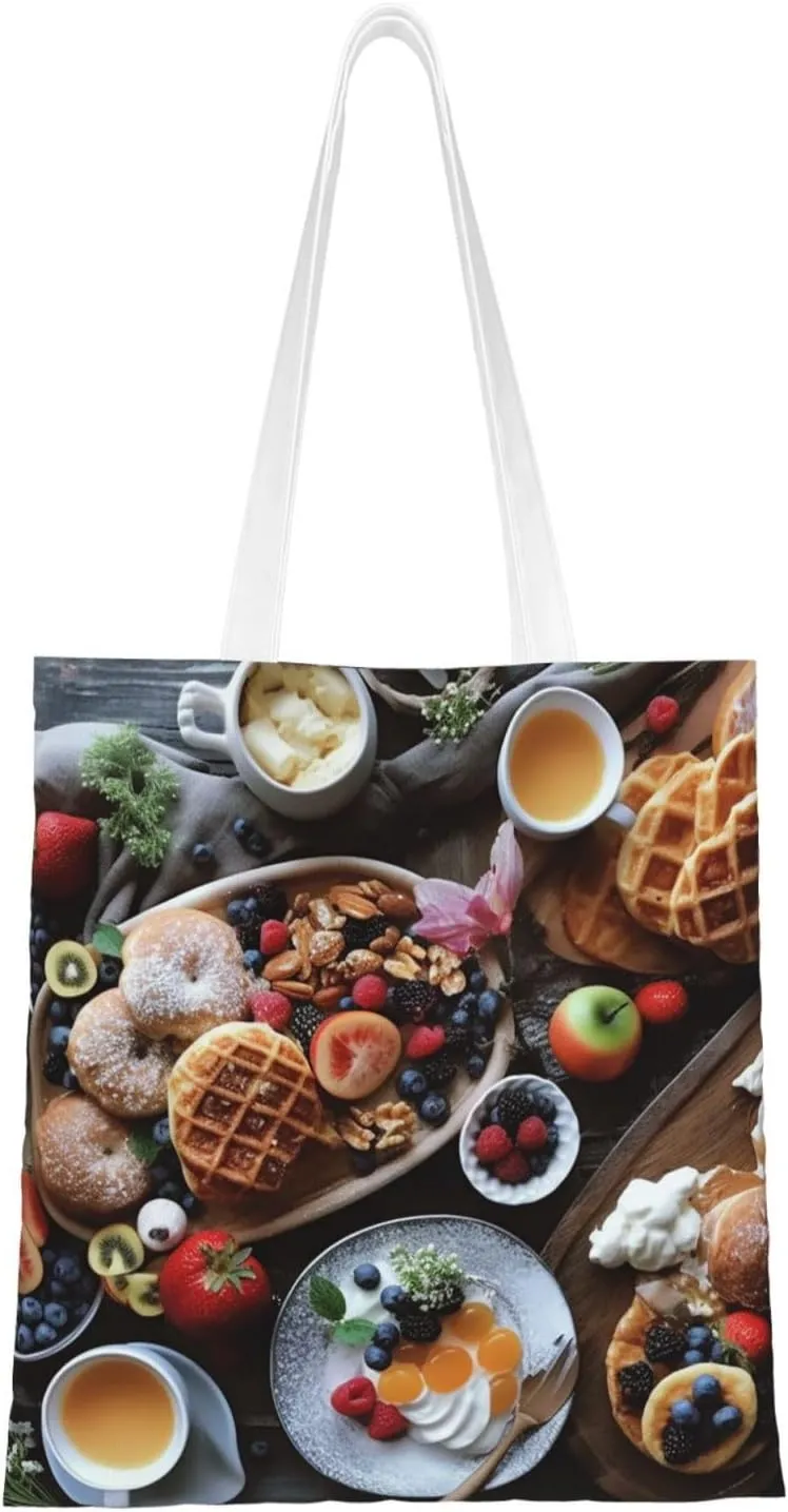 Beautiful Breakfast Print Canvas Tote Bags Stylish Shoulder Bag Reusable Shopping Bag Small Handbags For Women Men