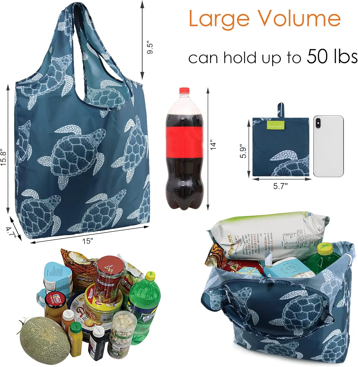 BeeGreen Turtle Gifts for Women Foldable Reusable Grocery Bags Shopping Bags for Groceries Cute Holiday Bags Cloth Bags With Handles Large Cloth Gift Bags Heavy Duty Bulk 6 Pack Gifts