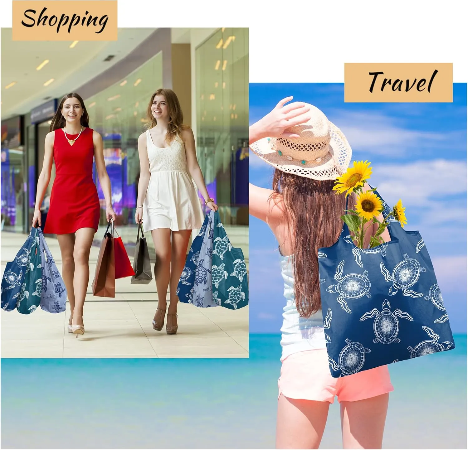 BeeGreen Turtle Gifts for Women Foldable Reusable Grocery Bags Shopping Bags for Groceries Cute Holiday Bags Cloth Bags With Handles Large Cloth Gift Bags Heavy Duty Bulk 6 Pack Gifts