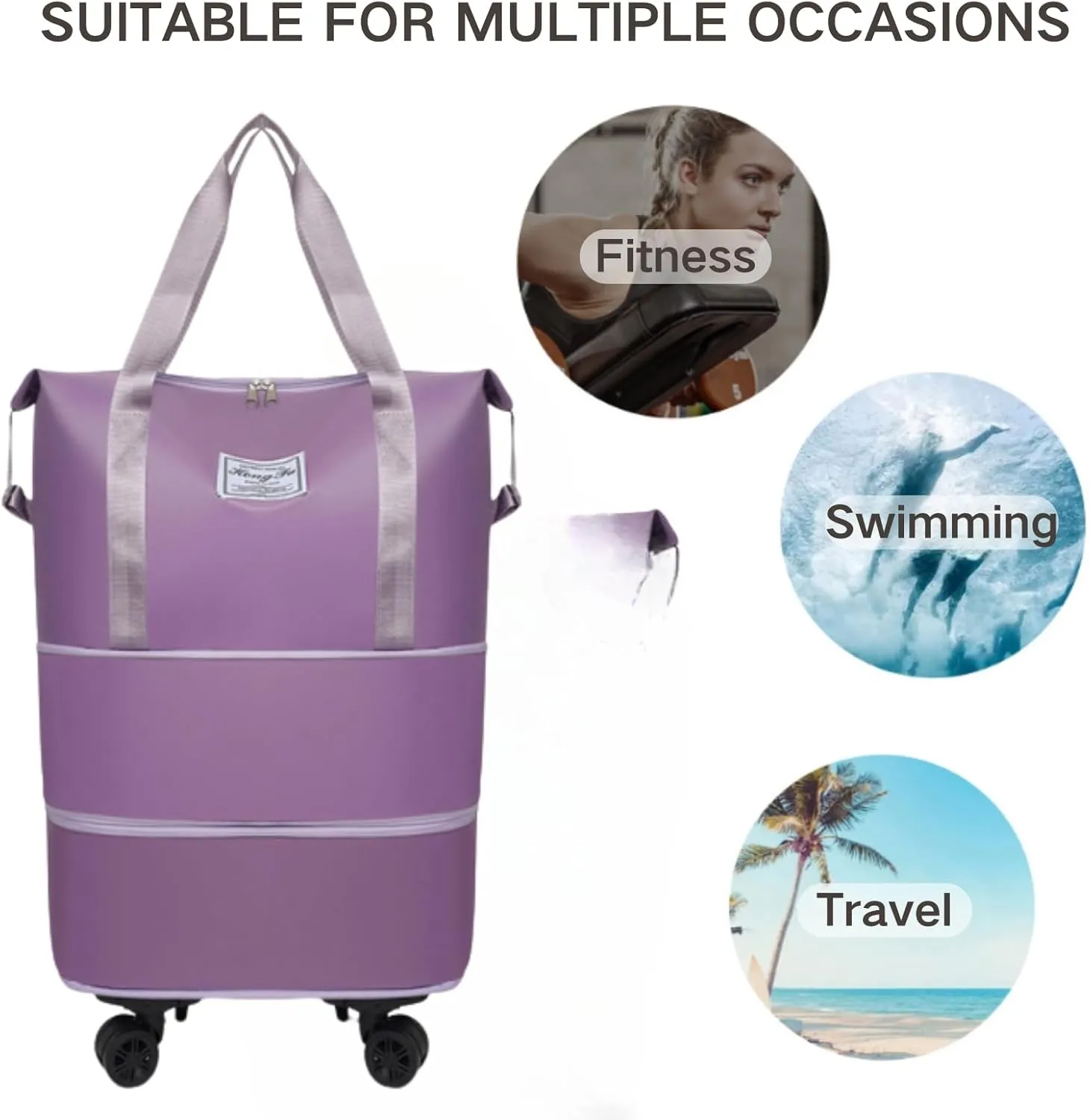 Beente Travel Bag With Wheels, 2025 New Beente Travel Bag with Removable Wheels, Expandable Large Capacity Bags (Purple)