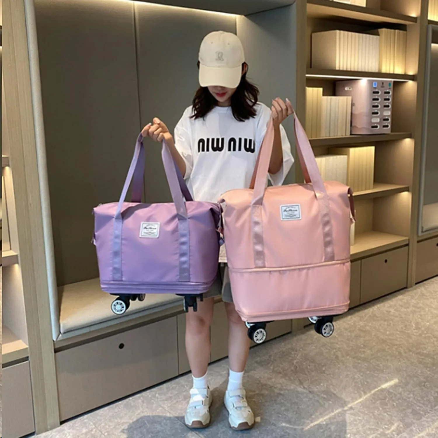 Beente Travel Bag with Wheels - 2025 New Large Capacity Travel Bag, Equipped with Detachable Universal Wheels, The Foldable Carry-On Luggage Bags is Suitable for Trips, (Pink)