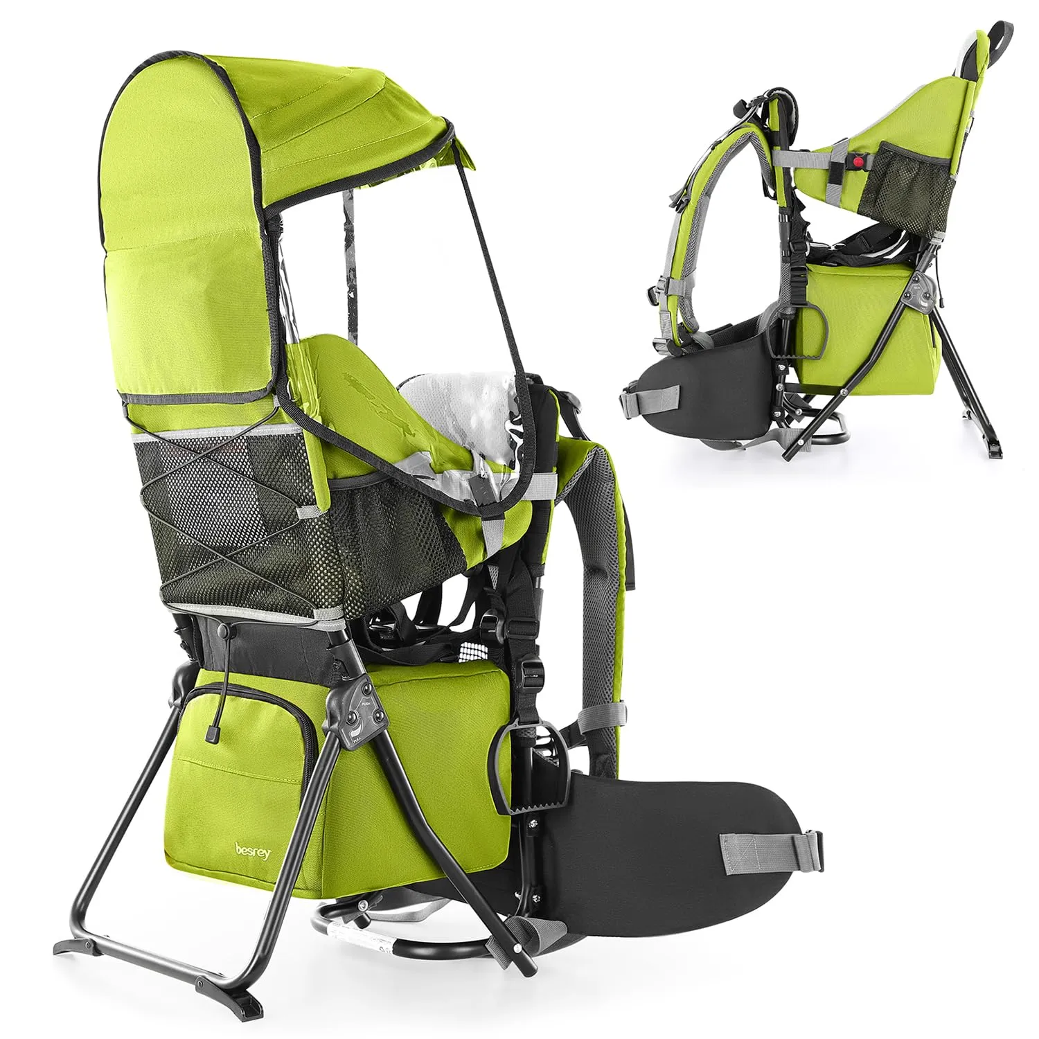 besrey Baby Backpack Carrier, Toddler Hiking Backpack with Safety 3-Height Seat, Adjustable Straps&Waist Belt, Foldable Frame Lightweight Large Capacity Child Carrier for Hiking (Green)