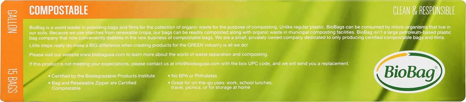BioBag 100% Certified Compostable Resealable Food Storage Bags, 180 Count, Gallon, Perfect for Refrigerator or Freezer