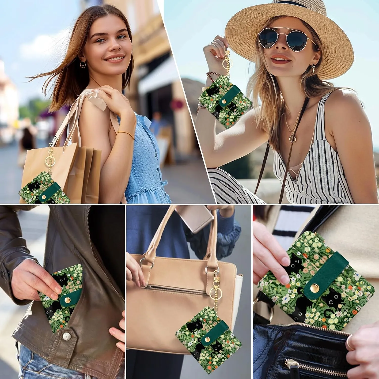 Black Cat Floral Rfid Women Wallet, Small Slim Thin Credit Card Wallet, PU Leather Bifold Cash Zipper Coin Pocket ID Window for Female Ladies Teen Girls Girly