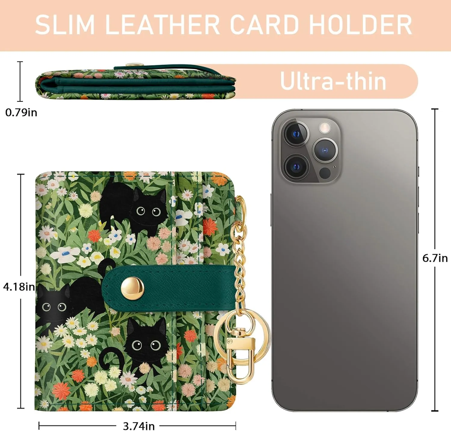 Black Cat Floral Rfid Women Wallet, Small Slim Thin Credit Card Wallet, PU Leather Bifold Cash Zipper Coin Pocket ID Window for Female Ladies Teen Girls Girly