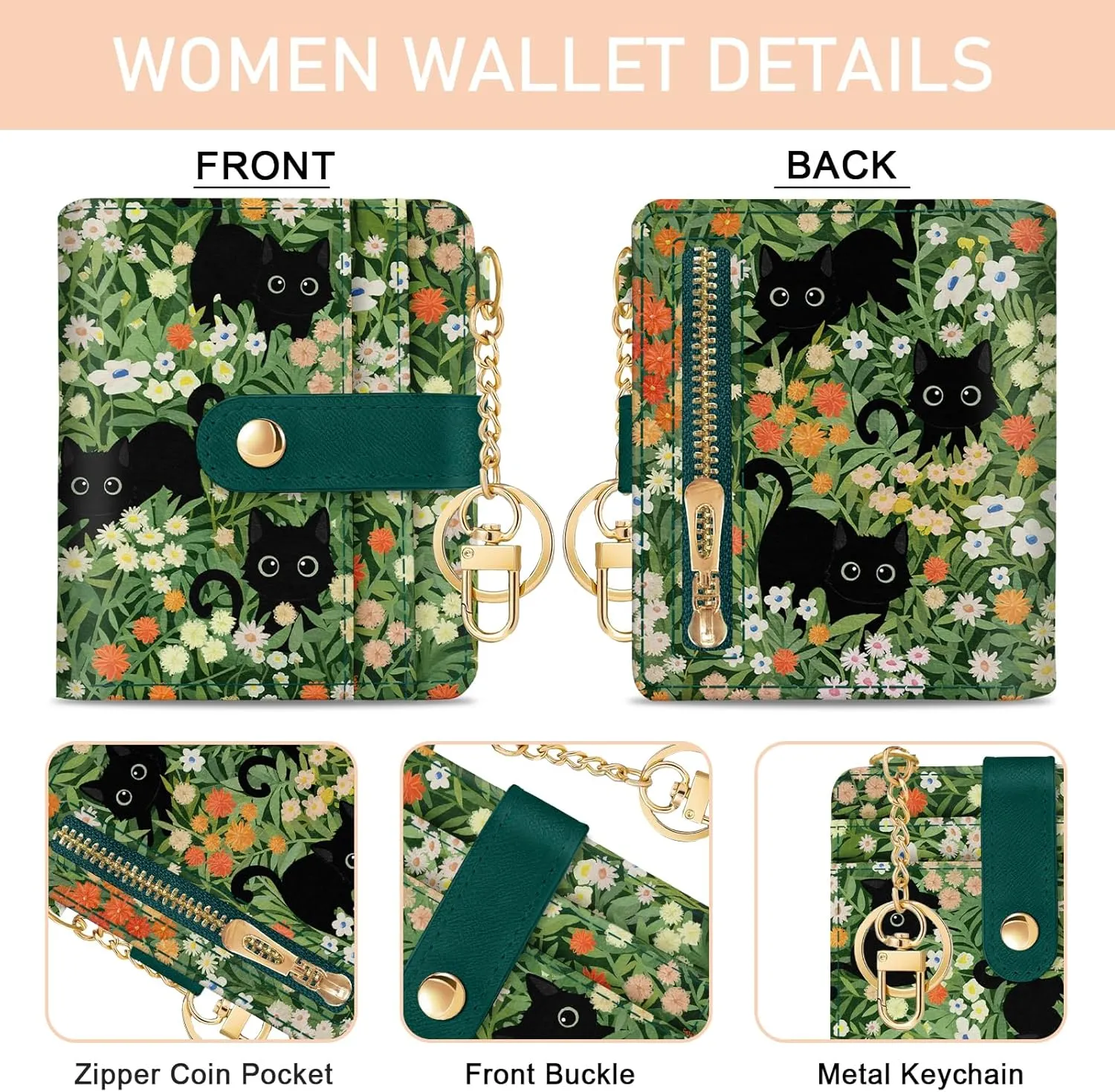 Black Cat Floral Rfid Women Wallet, Small Slim Thin Credit Card Wallet, PU Leather Bifold Cash Zipper Coin Pocket ID Window for Female Ladies Teen Girls Girly