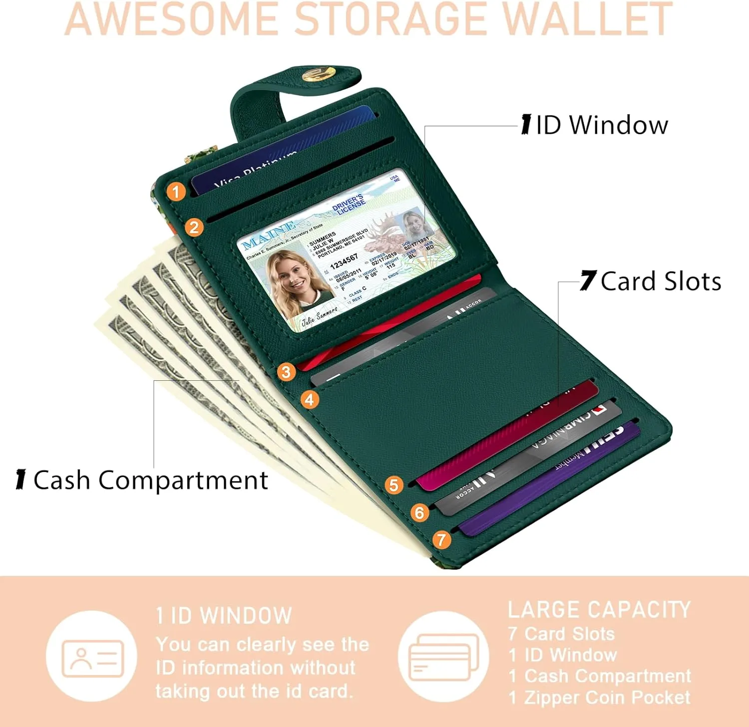 Black Cat Floral Rfid Women Wallet, Small Slim Thin Credit Card Wallet, PU Leather Bifold Cash Zipper Coin Pocket ID Window for Female Ladies Teen Girls Girly
