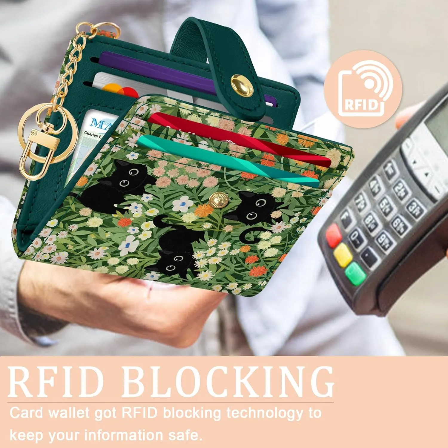 Black Cat Floral Rfid Women Wallet, Small Slim Thin Credit Card Wallet, PU Leather Bifold Cash Zipper Coin Pocket ID Window for Female Ladies Teen Girls Girly