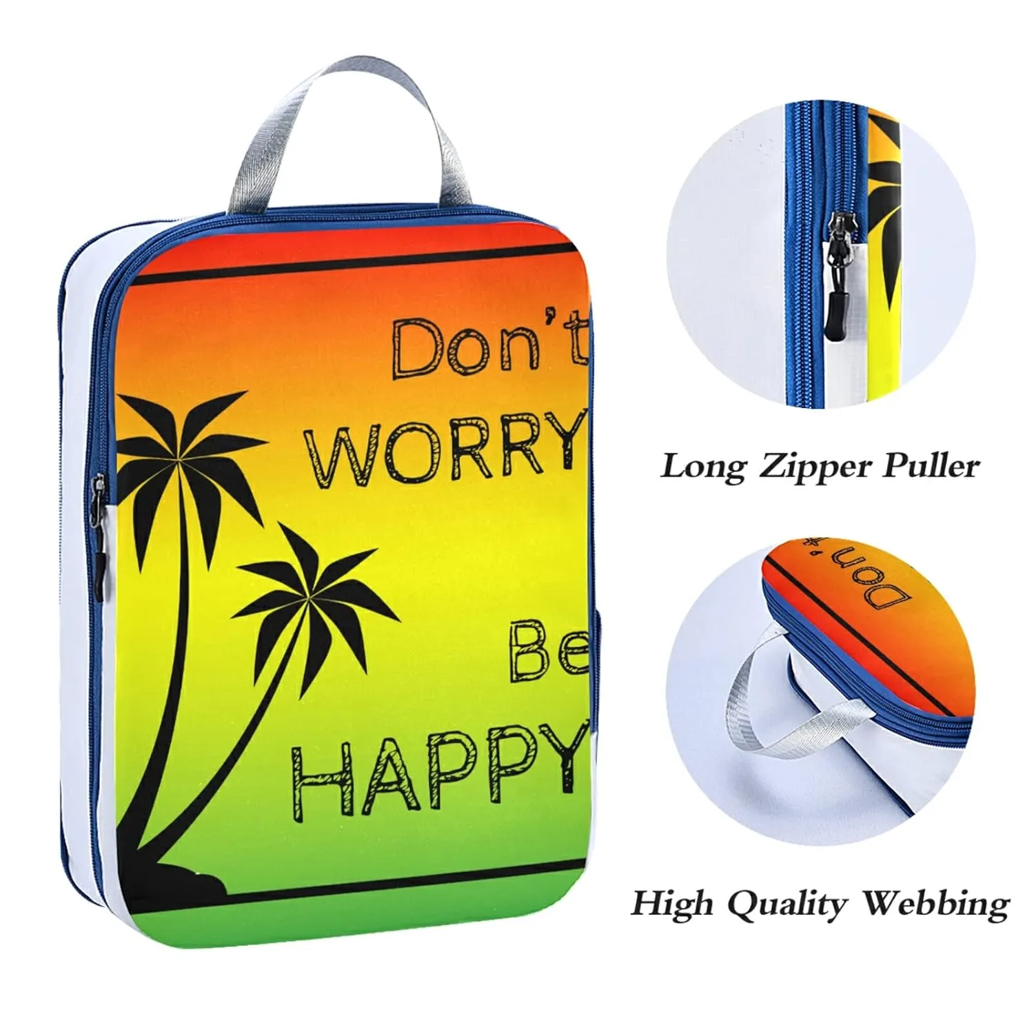 Black Palm Trees Silhouette Quote Don't Worry, Be Happy Colorful 3 Piece set Cubes Expandable Adjustable Luggage Packing Bags, Ultralight Organizer Accessories Travel Suitcase Compressible Bags