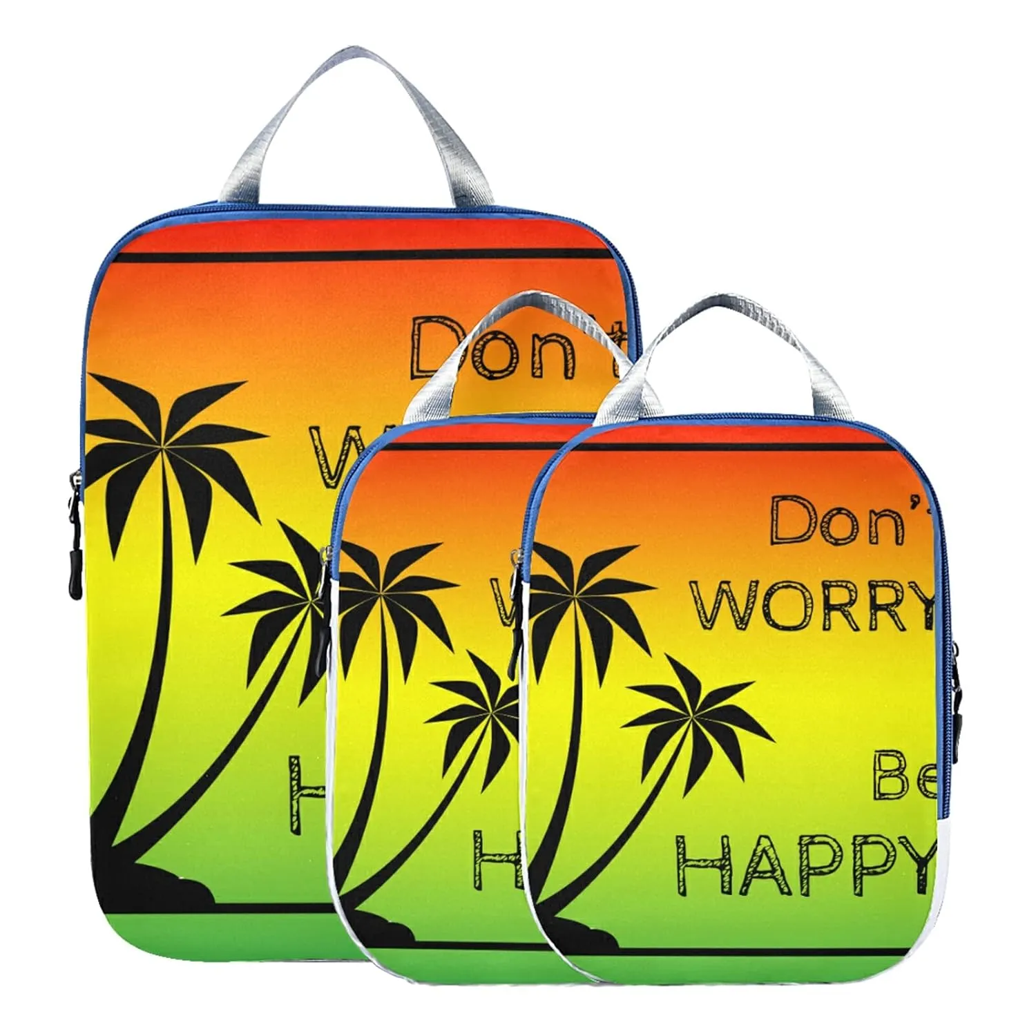 Black Palm Trees Silhouette Quote Don't Worry, Be Happy Colorful 3 Piece set Cubes Expandable Adjustable Luggage Packing Bags, Ultralight Organizer Accessories Travel Suitcase Compressible Bags