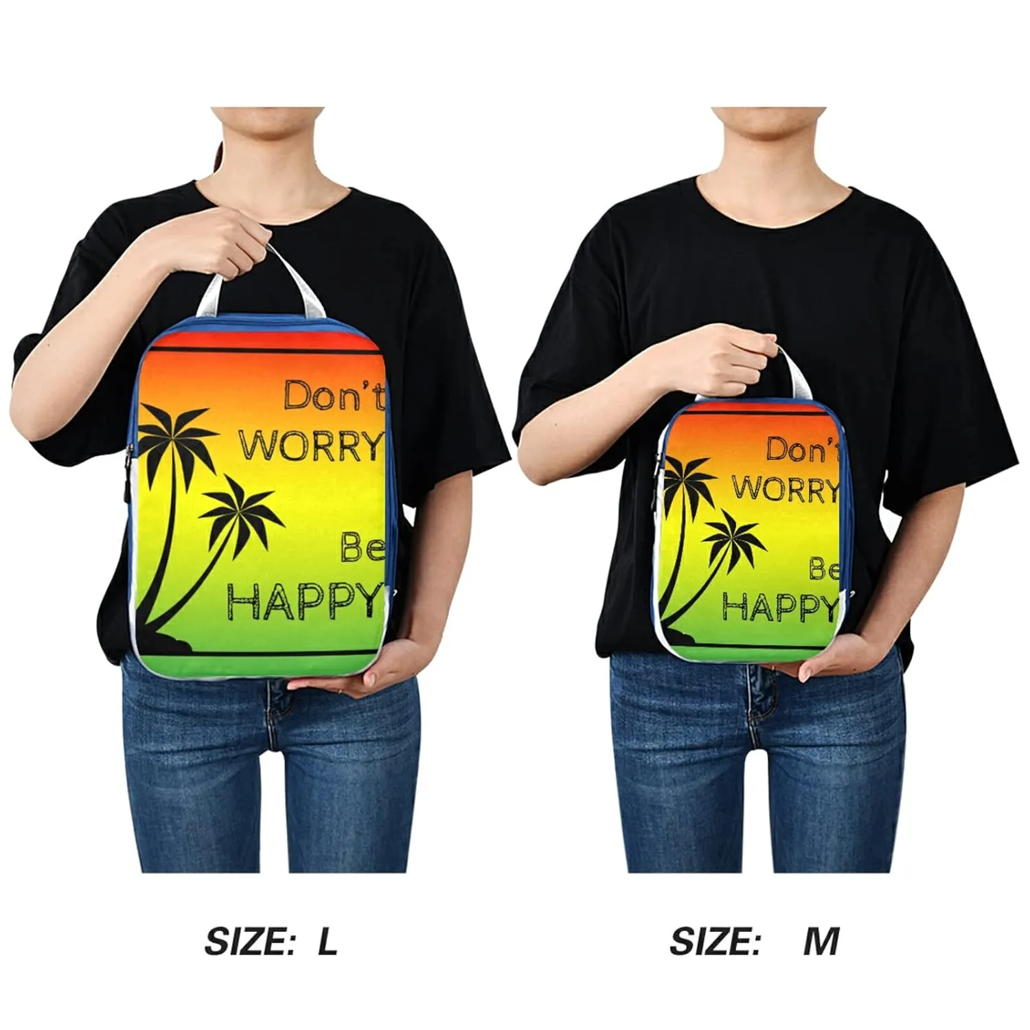 Black Palm Trees Silhouette Quote Don't Worry, Be Happy Colorful 3 Piece set Cubes Expandable Adjustable Luggage Packing Bags, Ultralight Organizer Accessories Travel Suitcase Compressible Bags