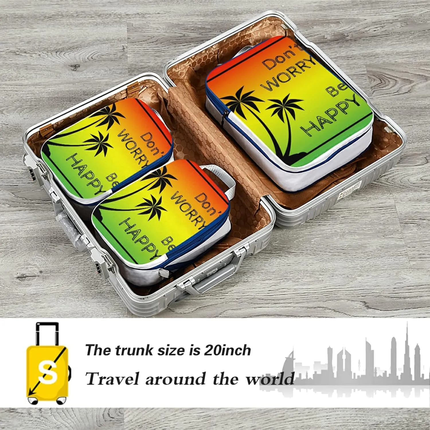 Black Palm Trees Silhouette Quote Don't Worry, Be Happy Colorful 3 Piece set Cubes Expandable Adjustable Luggage Packing Bags, Ultralight Organizer Accessories Travel Suitcase Compressible Bags