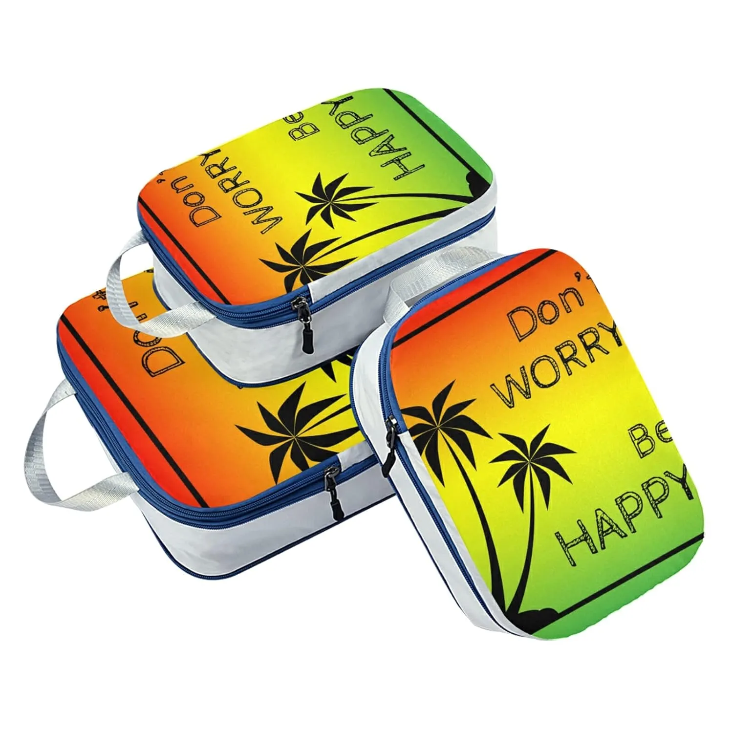 Black Palm Trees Silhouette Quote Don't Worry, Be Happy Colorful 3 Piece set Cubes Expandable Adjustable Luggage Packing Bags, Ultralight Organizer Accessories Travel Suitcase Compressible Bags