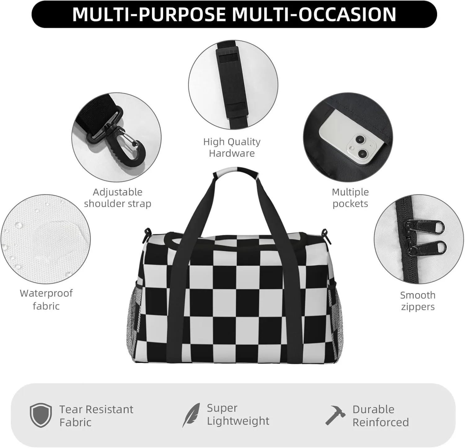 Black White Grid Thin Line Travel Duffel Bag Large Foldable Waterproof Overnight Bag For Beach Swim Bags Pool Sports Gym