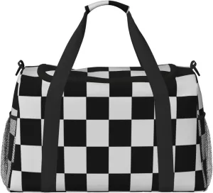 Black White Grid Thin Line Travel Duffel Bag Large Foldable Waterproof Overnight Bag For Beach Swim Bags Pool Sports Gym