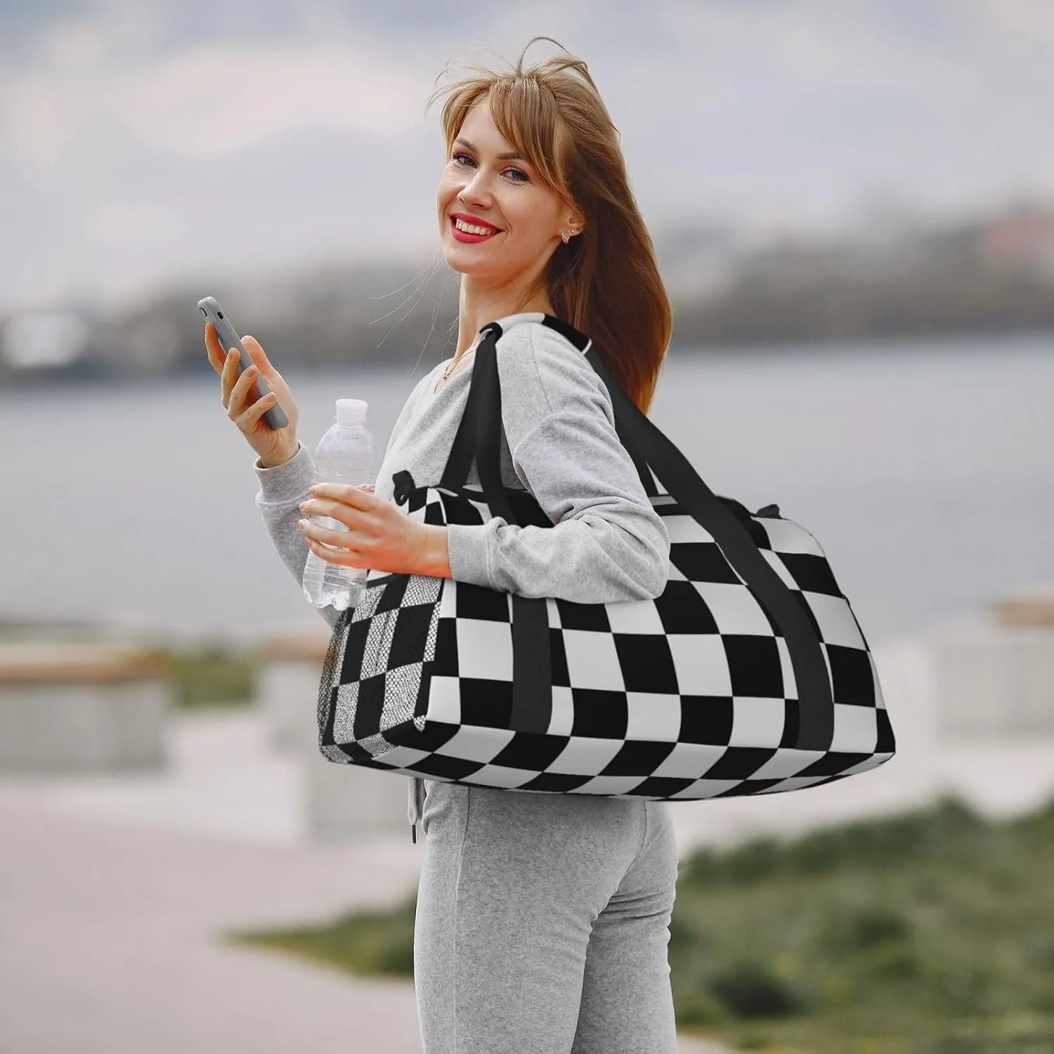 Black White Grid Thin Line Travel Duffel Bag Large Foldable Waterproof Overnight Bag For Beach Swim Bags Pool Sports Gym