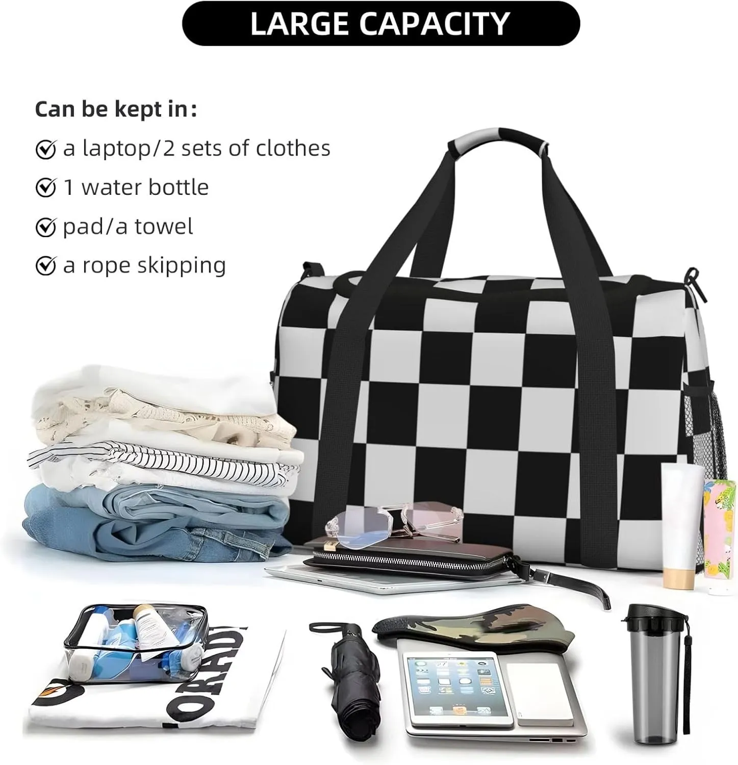 Black White Grid Thin Line Travel Duffel Bag Large Foldable Waterproof Overnight Bag For Beach Swim Bags Pool Sports Gym