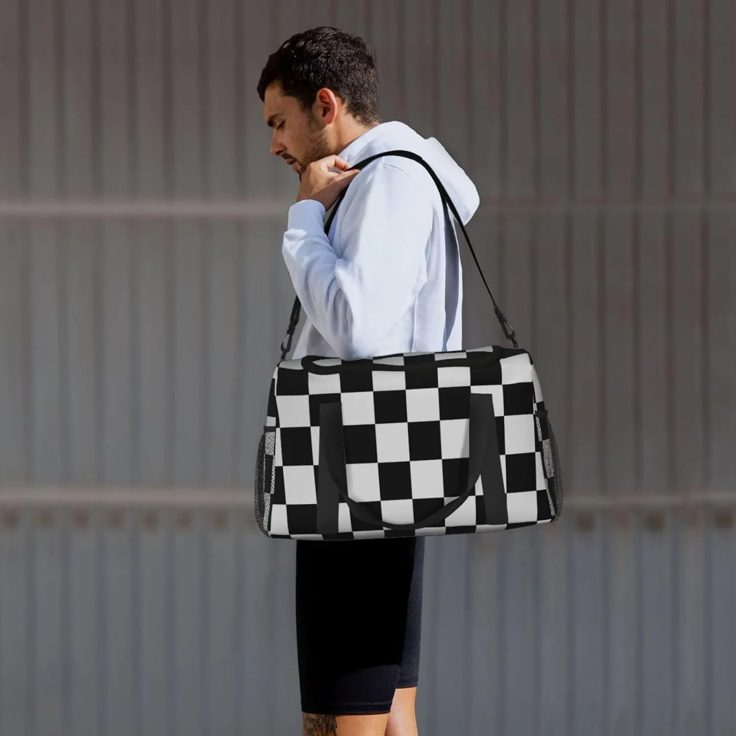 Black White Grid Thin Line Travel Duffel Bag Large Foldable Waterproof Overnight Bag For Beach Swim Bags Pool Sports Gym
