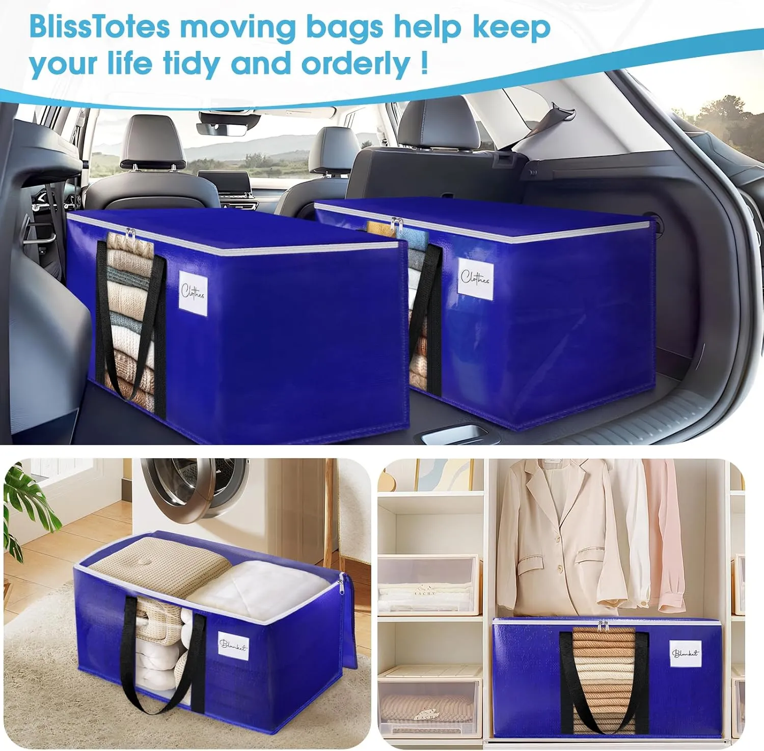 BlissTotes 6 Pack Moving Bags with Clear Window, Storage Bags with Strong Carrying Handles & Zippers,Large Packing Bags for Saving Space, Alternative to Moving Boxes(Blue,20 Gallon)