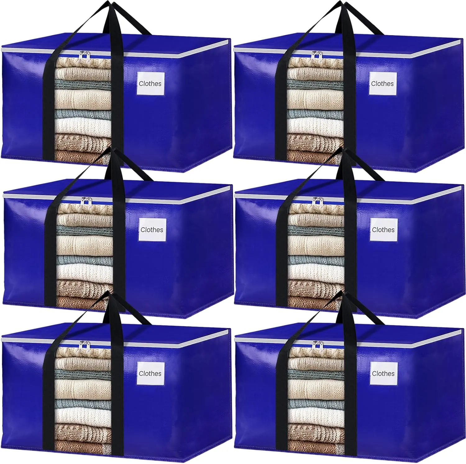 BlissTotes 6 Pack Moving Bags with Clear Window, Storage Bags with Strong Carrying Handles & Zippers,Large Packing Bags for Saving Space, Alternative to Moving Boxes(Blue,20 Gallon)