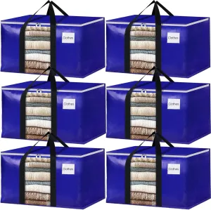 BlissTotes 6 Pack Moving Bags with Clear Window, Storage Bags with Strong Carrying Handles & Zippers,Large Packing Bags for Saving Space, Alternative to Moving Boxes(Blue,20 Gallon)