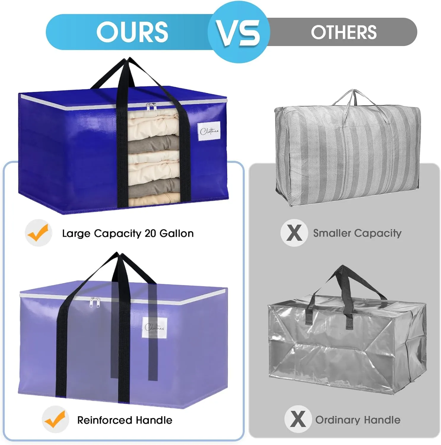 BlissTotes 6 Pack Moving Bags with Clear Window, Storage Bags with Strong Carrying Handles & Zippers,Large Packing Bags for Saving Space, Alternative to Moving Boxes(Blue,20 Gallon)