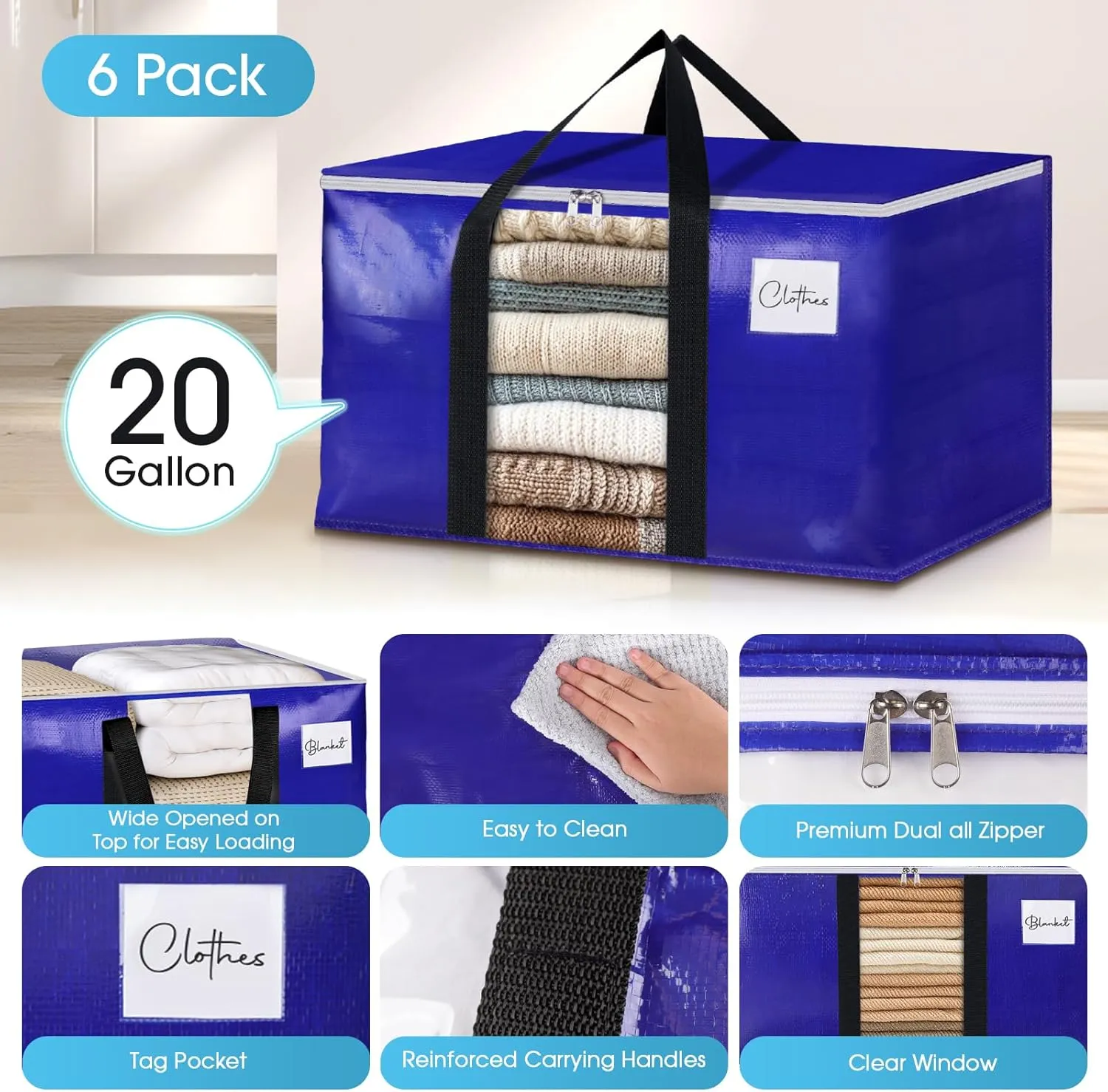 BlissTotes 6 Pack Moving Bags with Clear Window, Storage Bags with Strong Carrying Handles & Zippers,Large Packing Bags for Saving Space, Alternative to Moving Boxes(Blue,20 Gallon)
