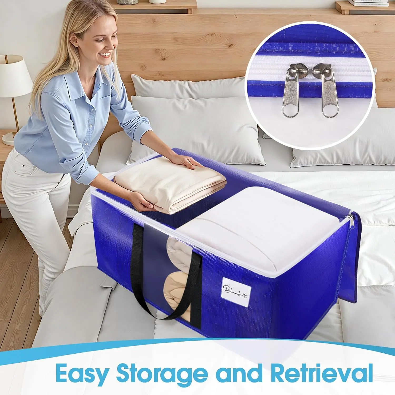 BlissTotes 6 Pack Moving Bags with Clear Window, Storage Bags with Strong Carrying Handles & Zippers,Large Packing Bags for Saving Space, Alternative to Moving Boxes(Blue,20 Gallon)