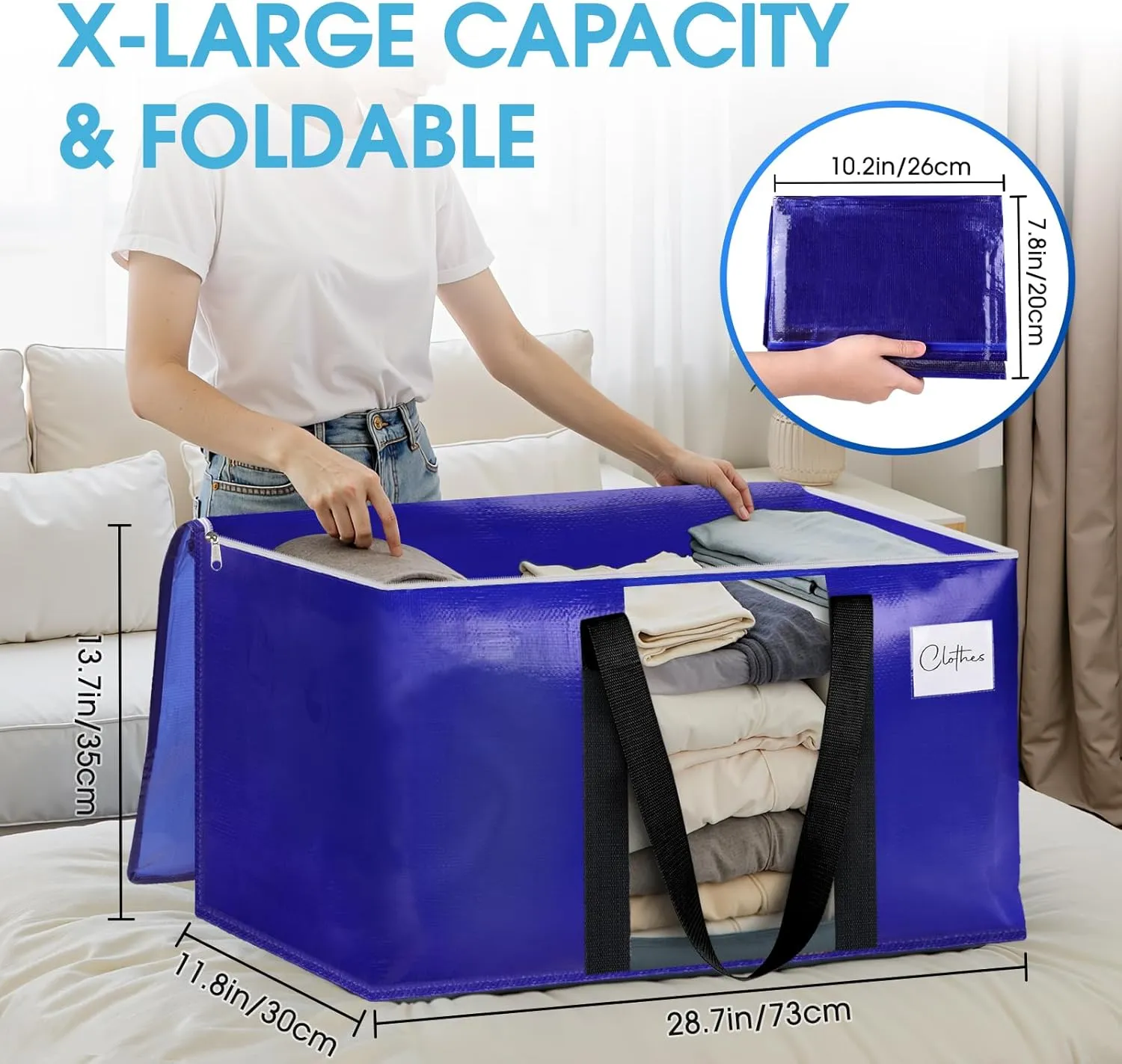 BlissTotes 6 Pack Moving Bags with Clear Window, Storage Bags with Strong Carrying Handles & Zippers,Large Packing Bags for Saving Space, Alternative to Moving Boxes(Blue,20 Gallon)