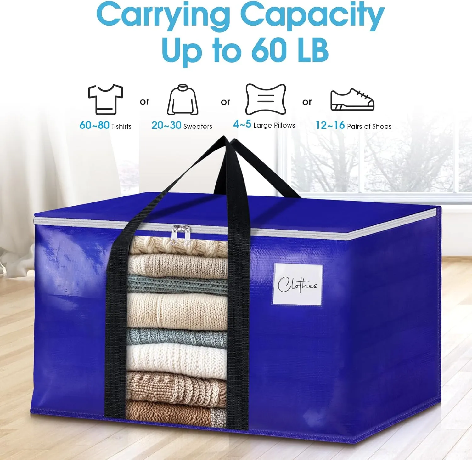 BlissTotes 6 Pack Moving Bags with Clear Window, Storage Bags with Strong Carrying Handles & Zippers,Large Packing Bags for Saving Space, Alternative to Moving Boxes(Blue,20 Gallon)