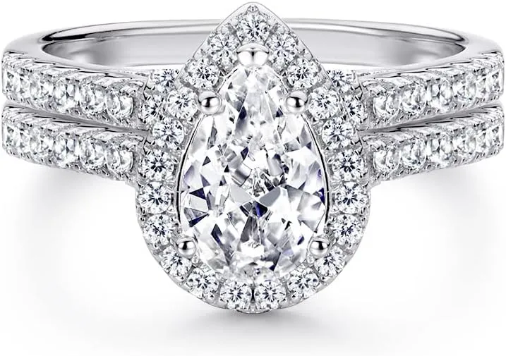 Blocaci Pear Shaped Bridal Ring Set for Women Engagement Ring Sets, 1 Carat Center Moissanite Bridal Sets Wedding Rings 925 Sterling Silver 10K 14K 18K Gold with Text Engraving