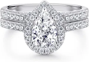 Blocaci Pear Shaped Bridal Ring Set for Women Engagement Ring Sets, 1 Carat Center Moissanite Bridal Sets Wedding Rings 925 Sterling Silver 10K 14K 18K Gold with Text Engraving
