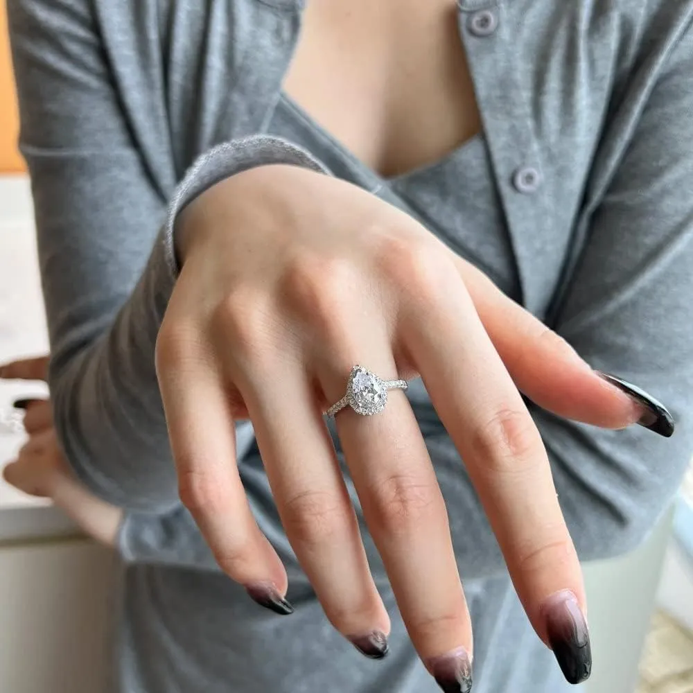 Blocaci Pear Shaped Bridal Ring Set for Women Engagement Ring Sets, 1 Carat Center Moissanite Bridal Sets Wedding Rings 925 Sterling Silver 10K 14K 18K Gold with Text Engraving