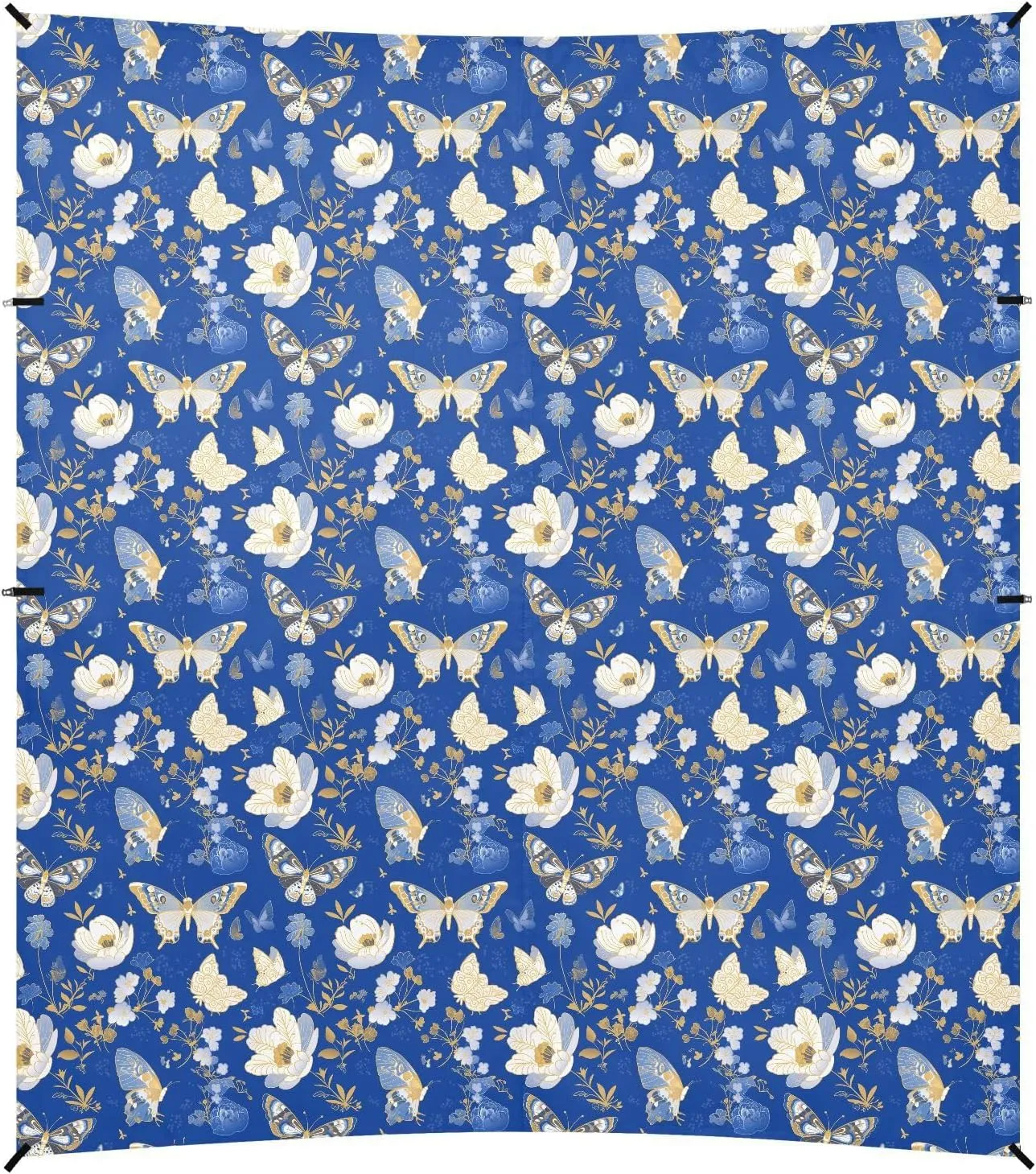 Blue and White Butterfly Flowers Foldable Beach Tent UPF50 Easy Setup Sun Shelter with Sand Shovel, Sandbags for Backyard, Grassland, Park