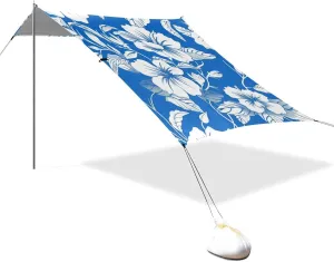 Blue Floral Designed UPF50 Foldable Beach Cabana Waterproof Portable Sunshade with Sand Shovel for Family Trips, Picnics & Camping carpas para Playa en oferta