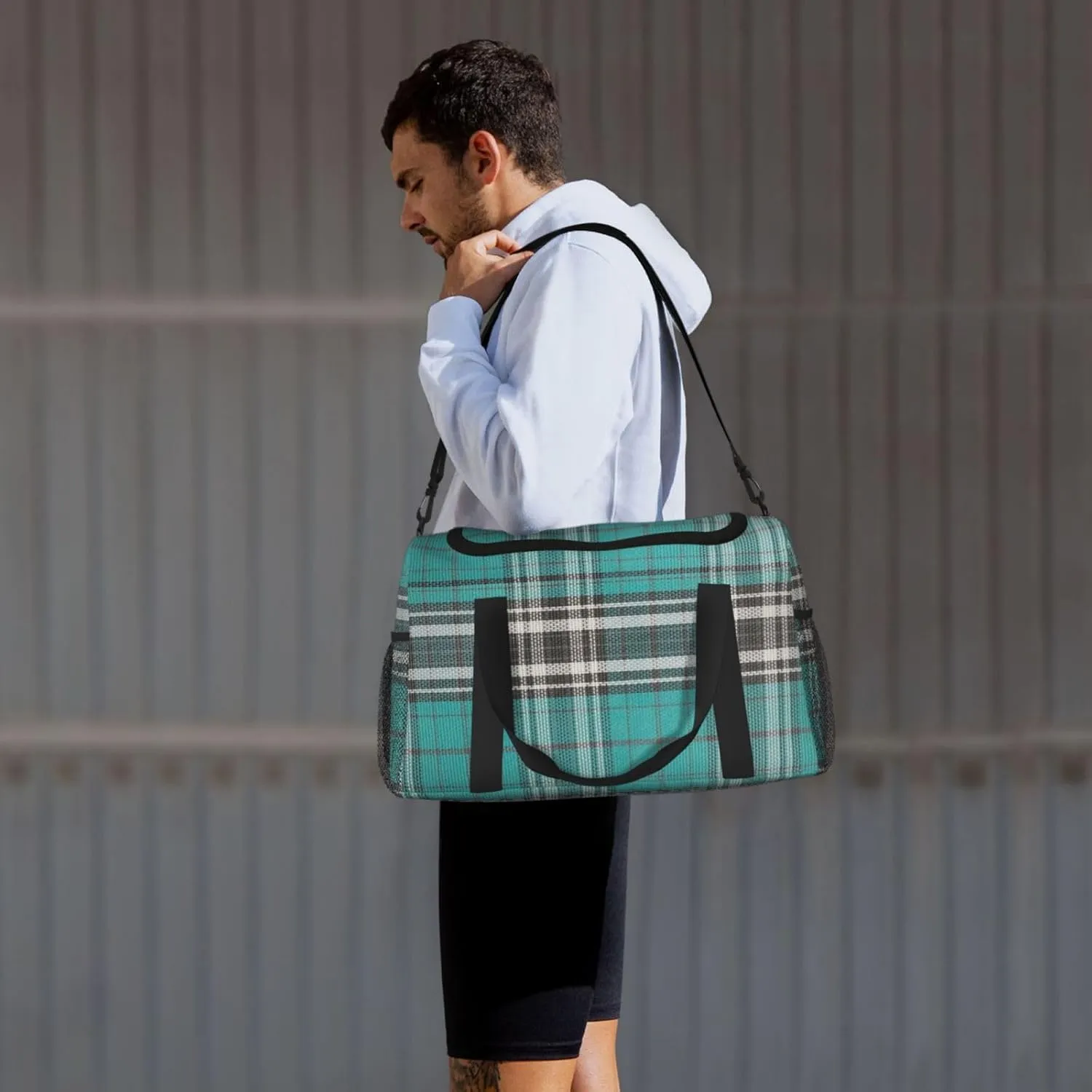 Blue Thin Line Grid Travel Duffel Bag Large Foldable Waterproof Overnight Bag For Beach Swim Bags Pool Sports Gym